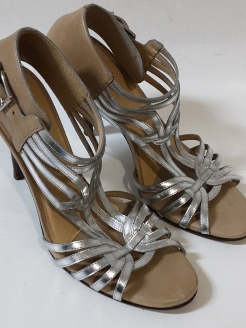 Cole Hann women heeled leather sandals pump 9B event luxury wedding tan silver